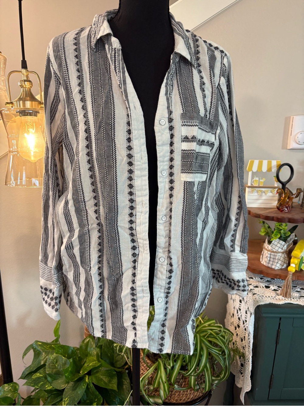 Striped Black and White Button-Up Tunic Top